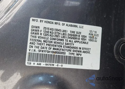 2017 Honda Pilot Lx из США, поврежденный, VIN 5FNYF5H10HB003053